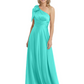 One-Shoulder Mother of the Bride Dress Satin Gown with Bow Ruched Empire Waist