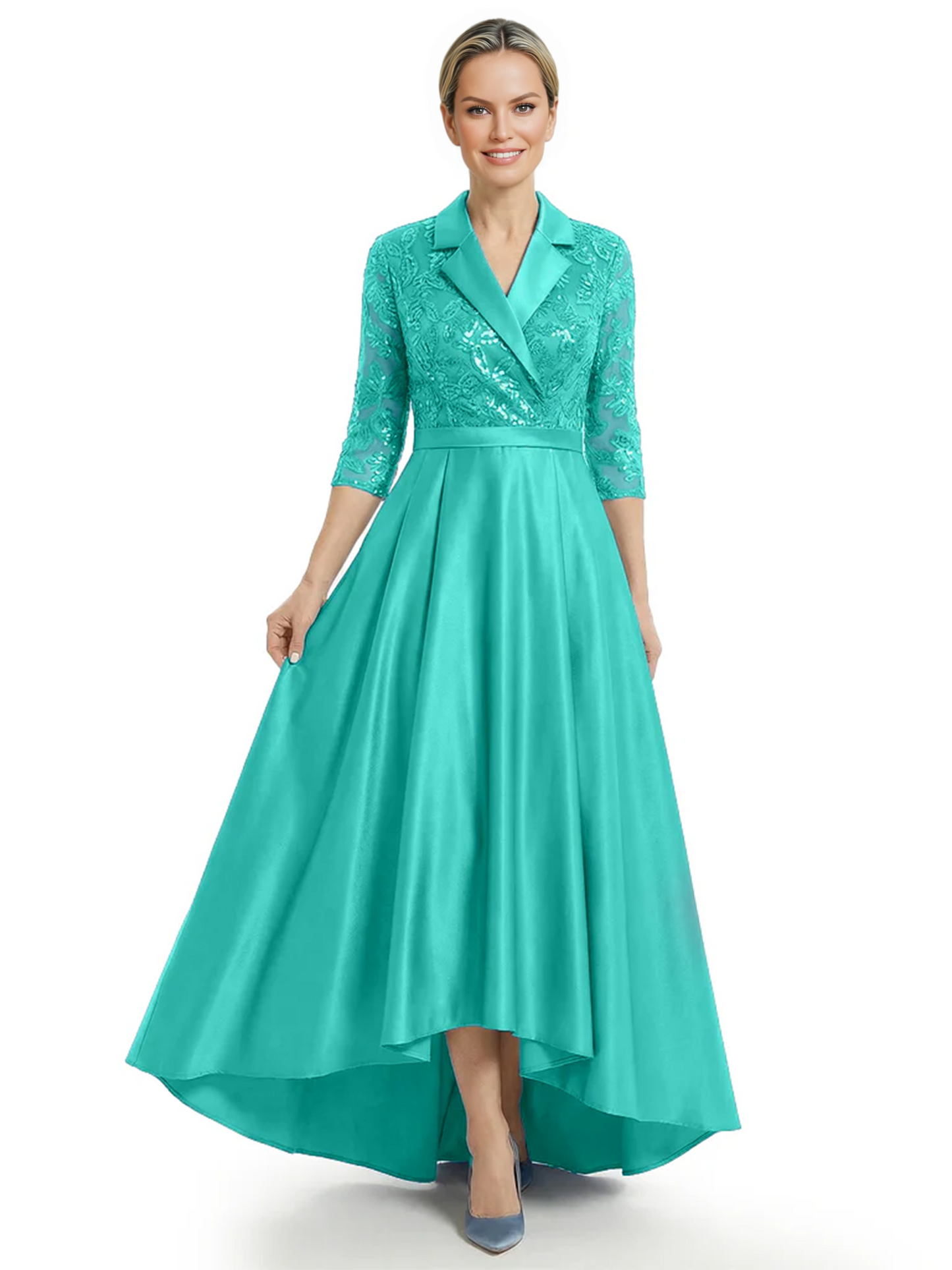 Elegant Mother of Bride Dress Evening Gowns Trending Styles with Lapel Collar 3/4 Sleeves