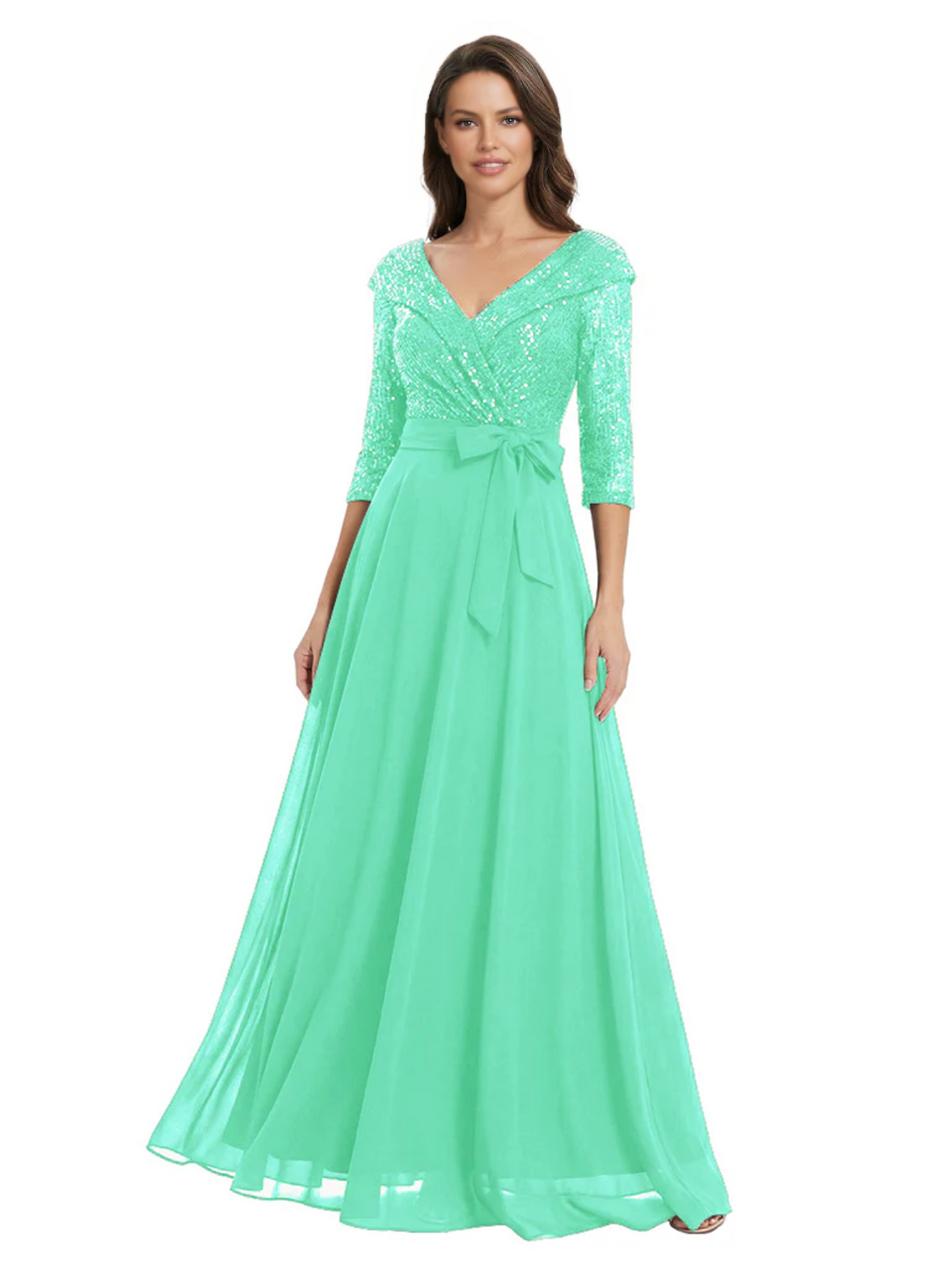 Chiffon Mother of the Bride Dress with Sequin V-Neck and Elegant Bow Sash