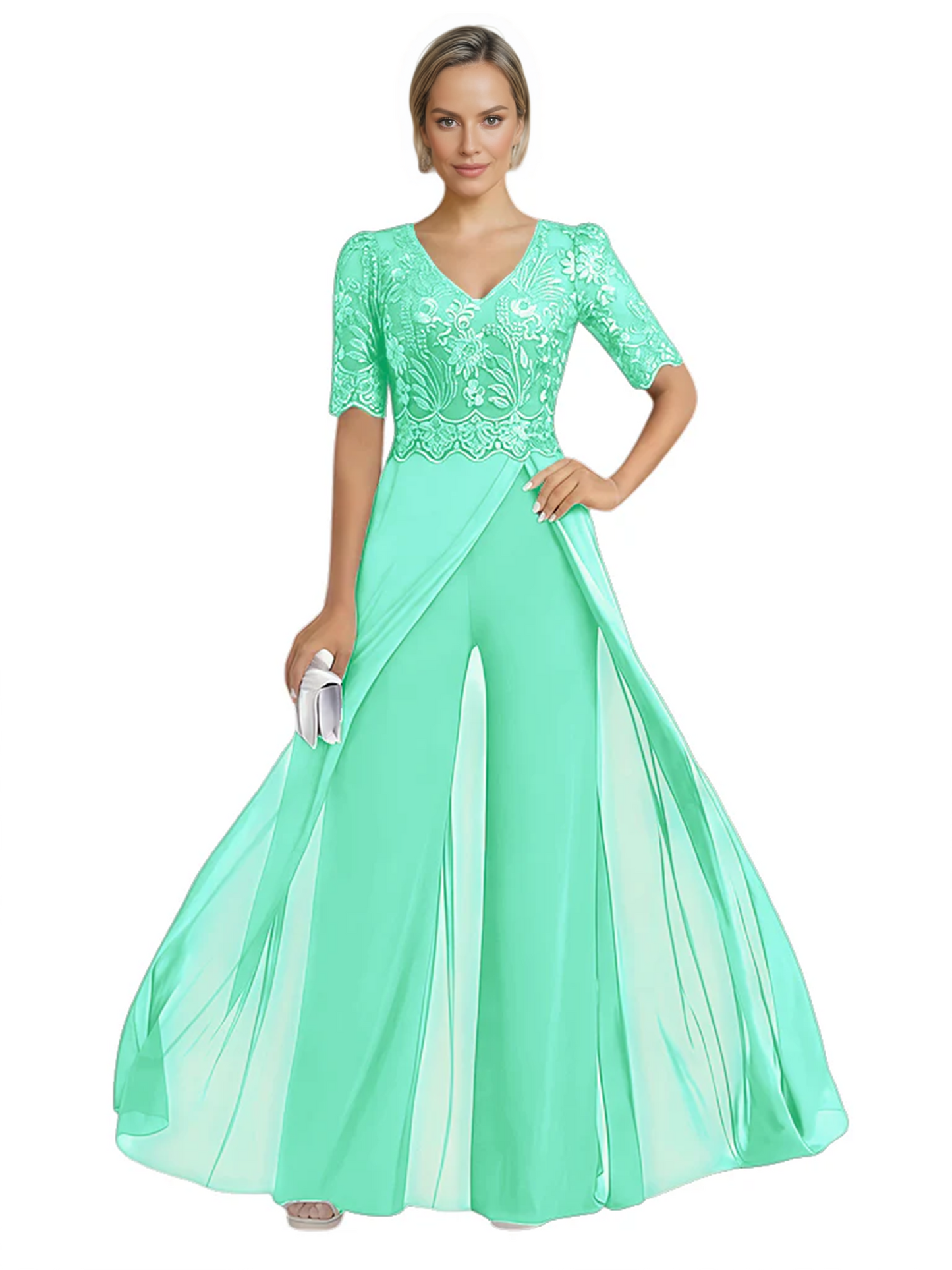 V-Neck Chiffon Mother of the Brides Jumpsuits Dresses Floor Length A-Line Lace