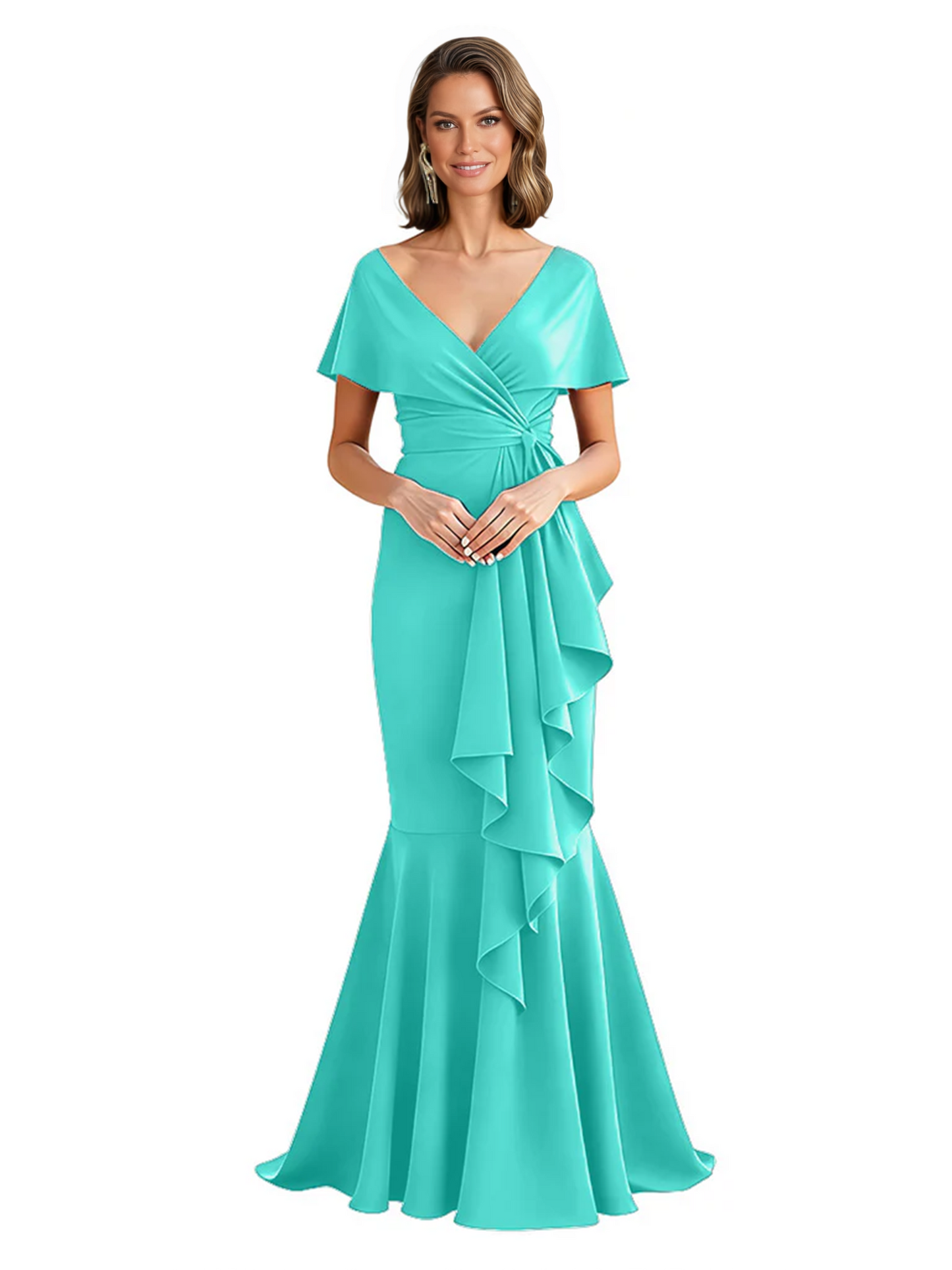 Satin Mother of the Bride Dress with Cascading Ruffles and Mermaid Tail V-Neck