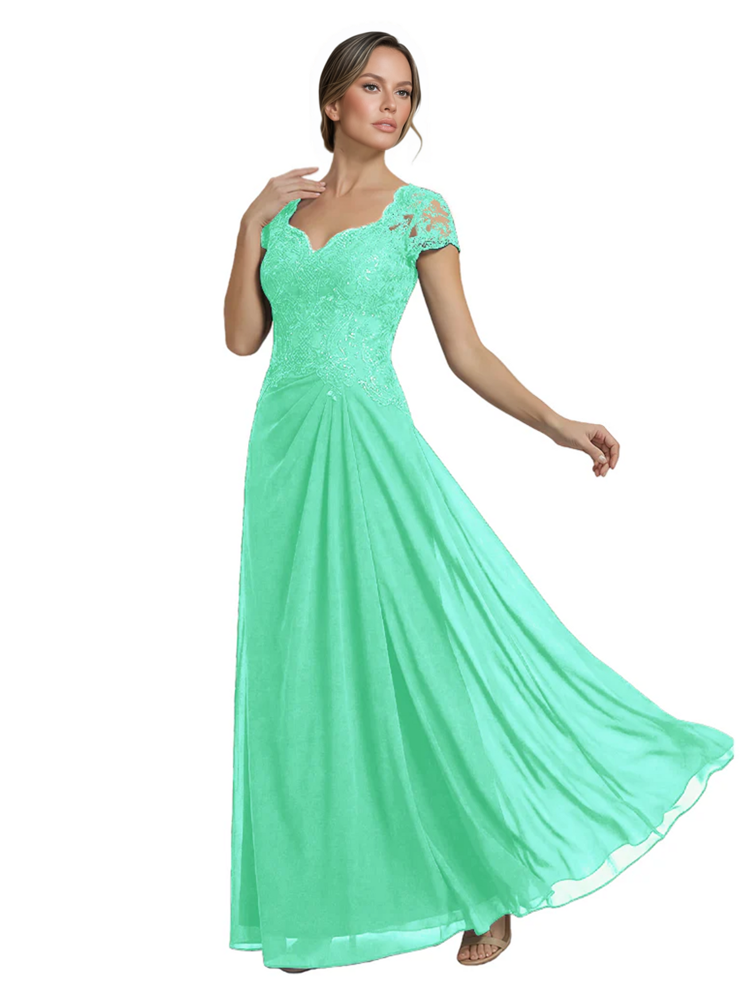 Long A-line Chiffon Short Sleeves Mother of the Brides Dresses Lace Wedding