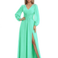 A-Line Mother of Bride Dress V-Neck Chiffon Gown Long Sleeves Slit Formal Dress