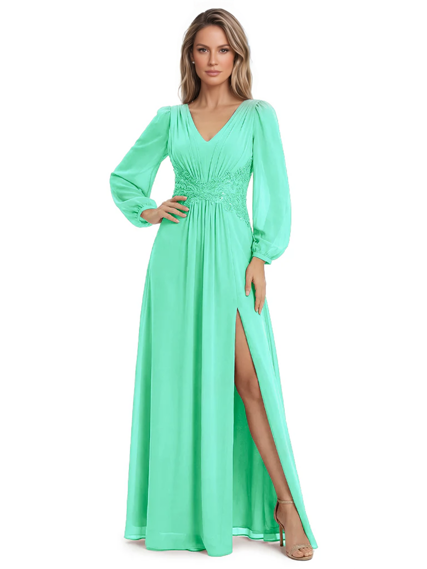 A-Line Mother of Bride Dress V-Neck Chiffon Gown Long Sleeves Slit Formal Dress