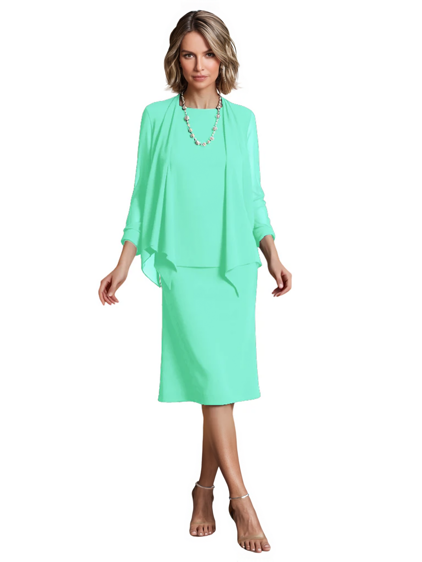 3 PCS Knee-Length Mother of Bride Dresses Prom Dress Evening Dress with Sheer Sleeves and Jacket