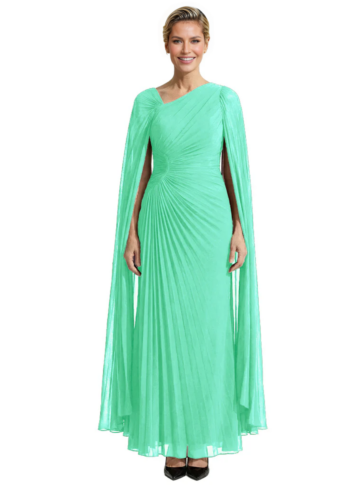Elegant Asymmetric Neck Long A-Line Chiffon Mother of the Brides Dresses Mom Outfit with Cape