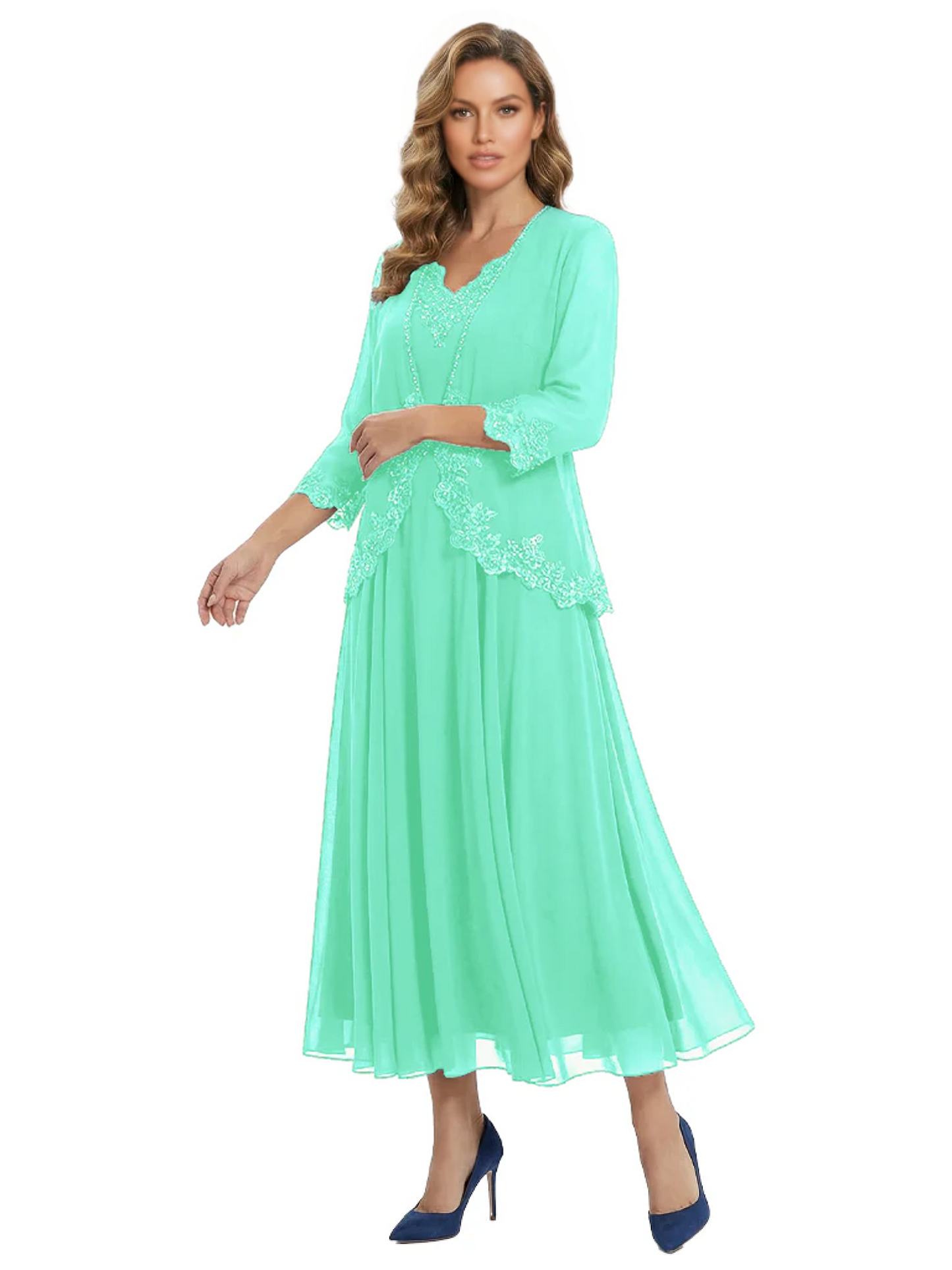 3/4 Sleeve Chiffon Mother of the Brides Dresses V-Neck Wedding Party Gowns