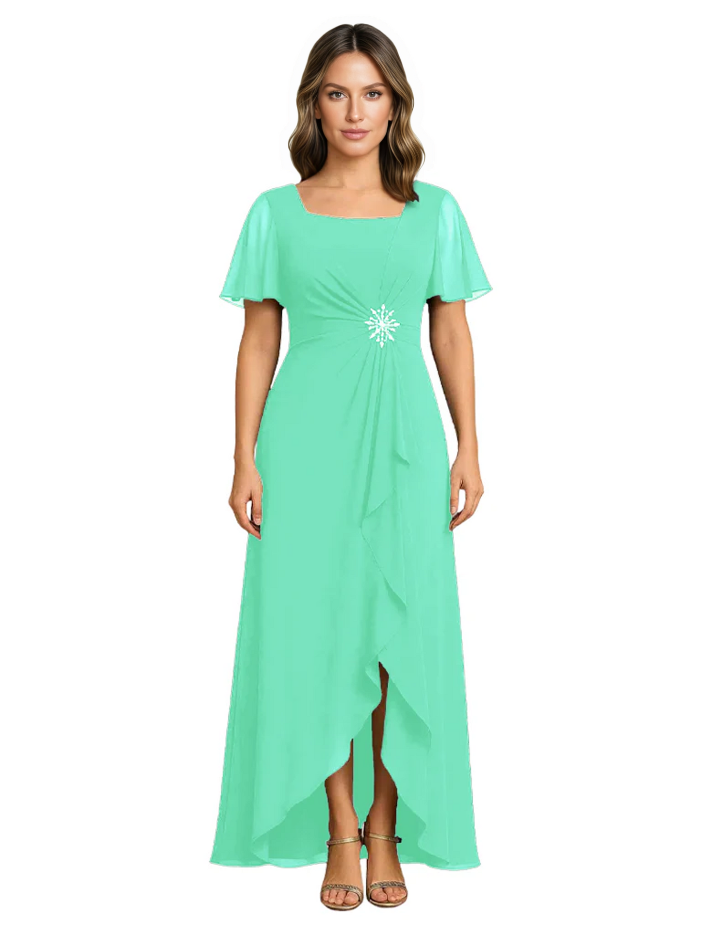 Formal High-Low Mother of the Bride Gown Sleeved Chiffon Maxi Dress Ruched Waist