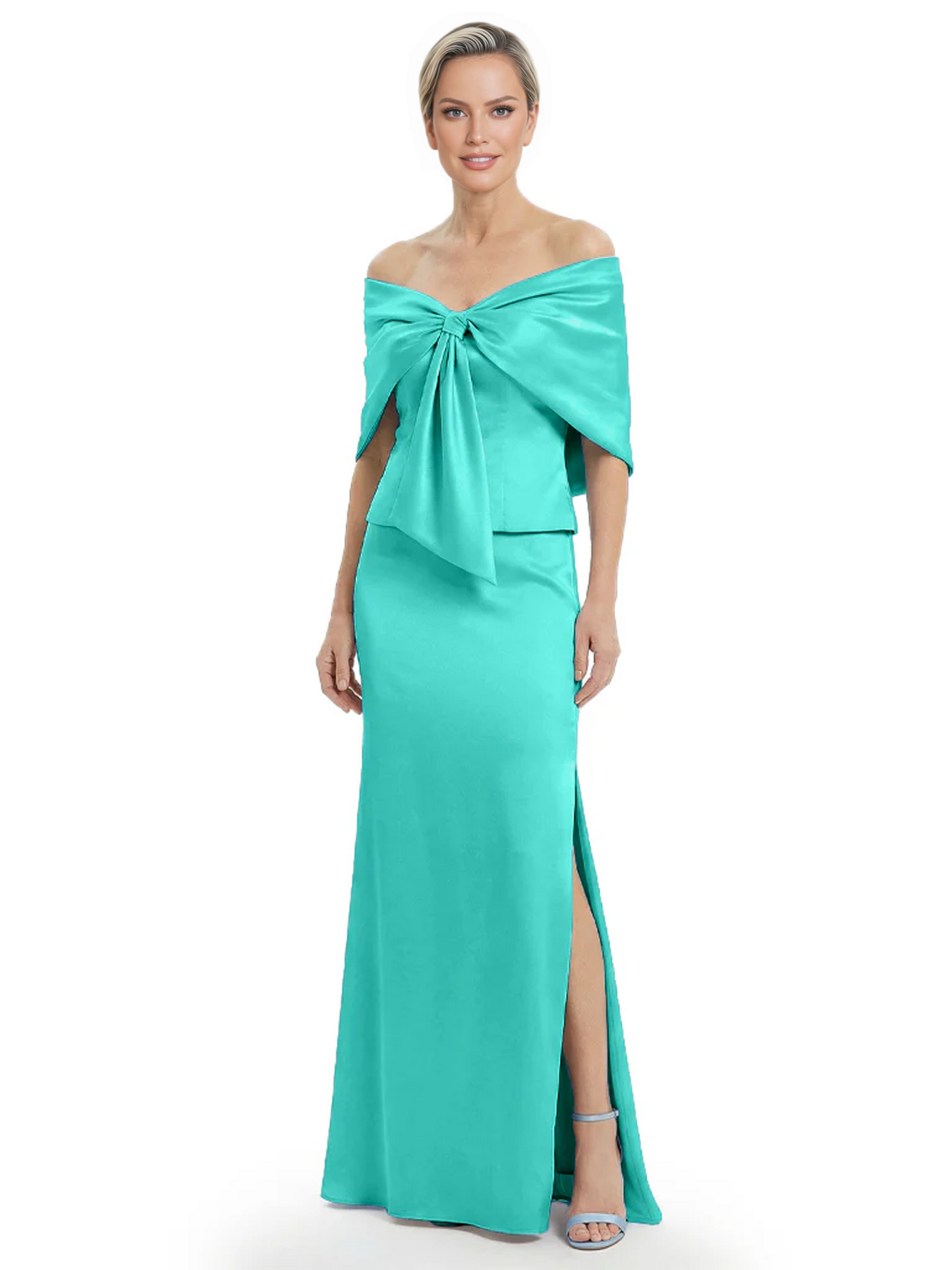 Formal Floor-Length Mother of the Bride Gown Satin Maxi Dress with Bow Neckline