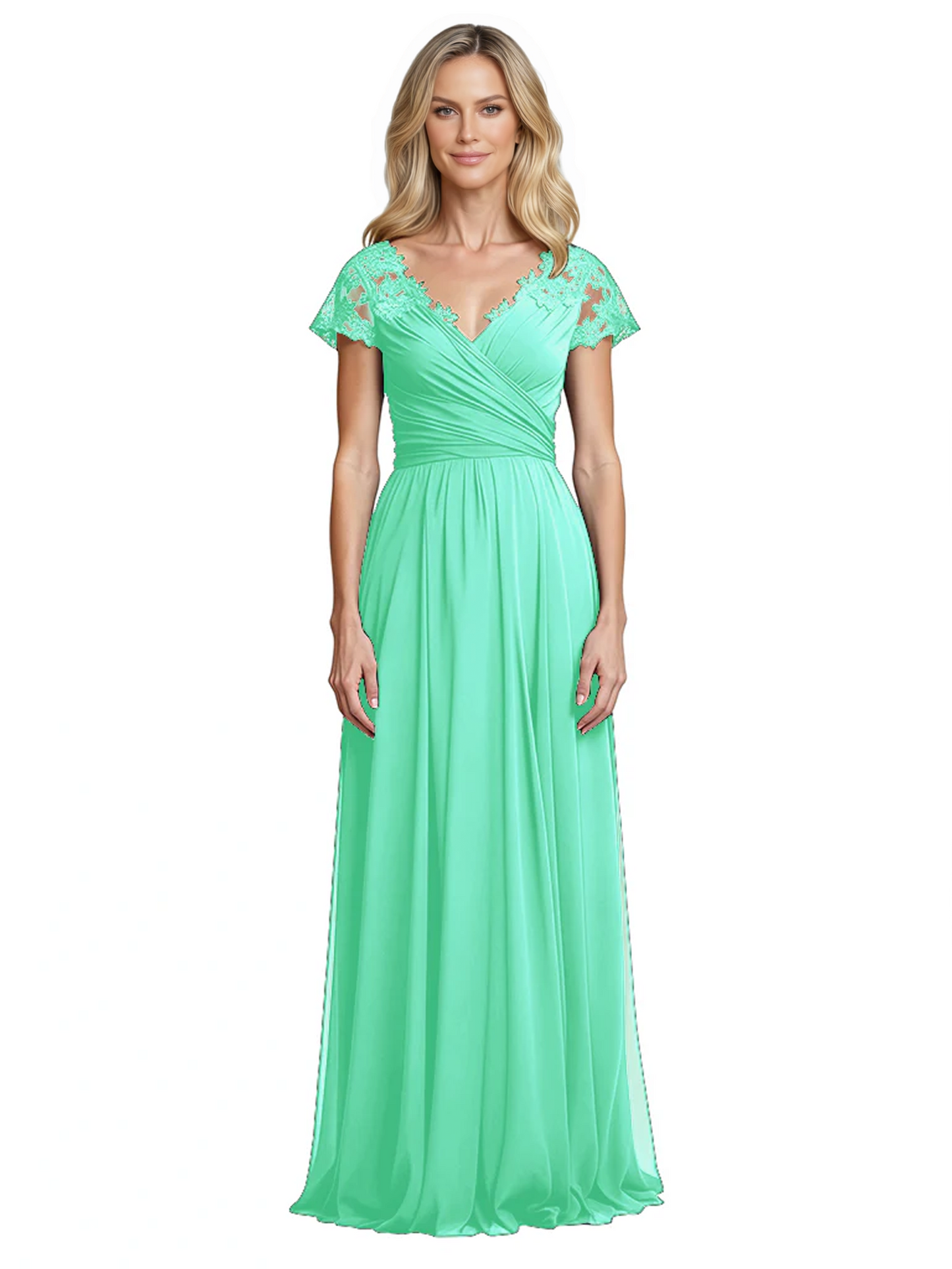 Mother of the Bride Dress Cap Sleeves and V-Neckline with Embroidered Lace Shoulders