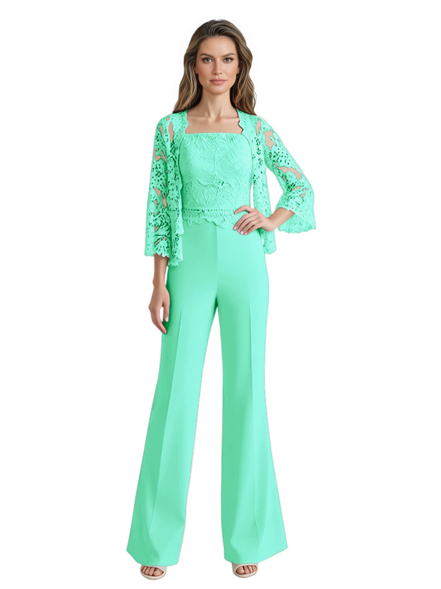 Mother of the Bride Jumpsuit with Lace Jacket 3/4 Sleeve Formal Pant Suit