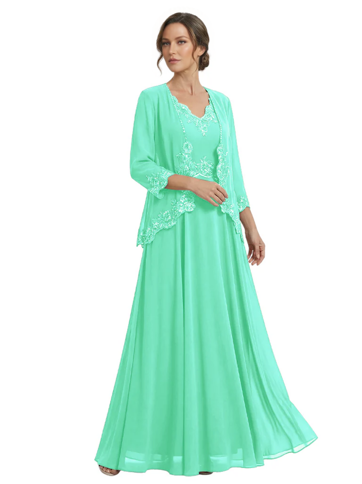 Plus Size A-line Chiffon 3/4 Sleeves Mother of the Brides Dresses Long Jacket Dress