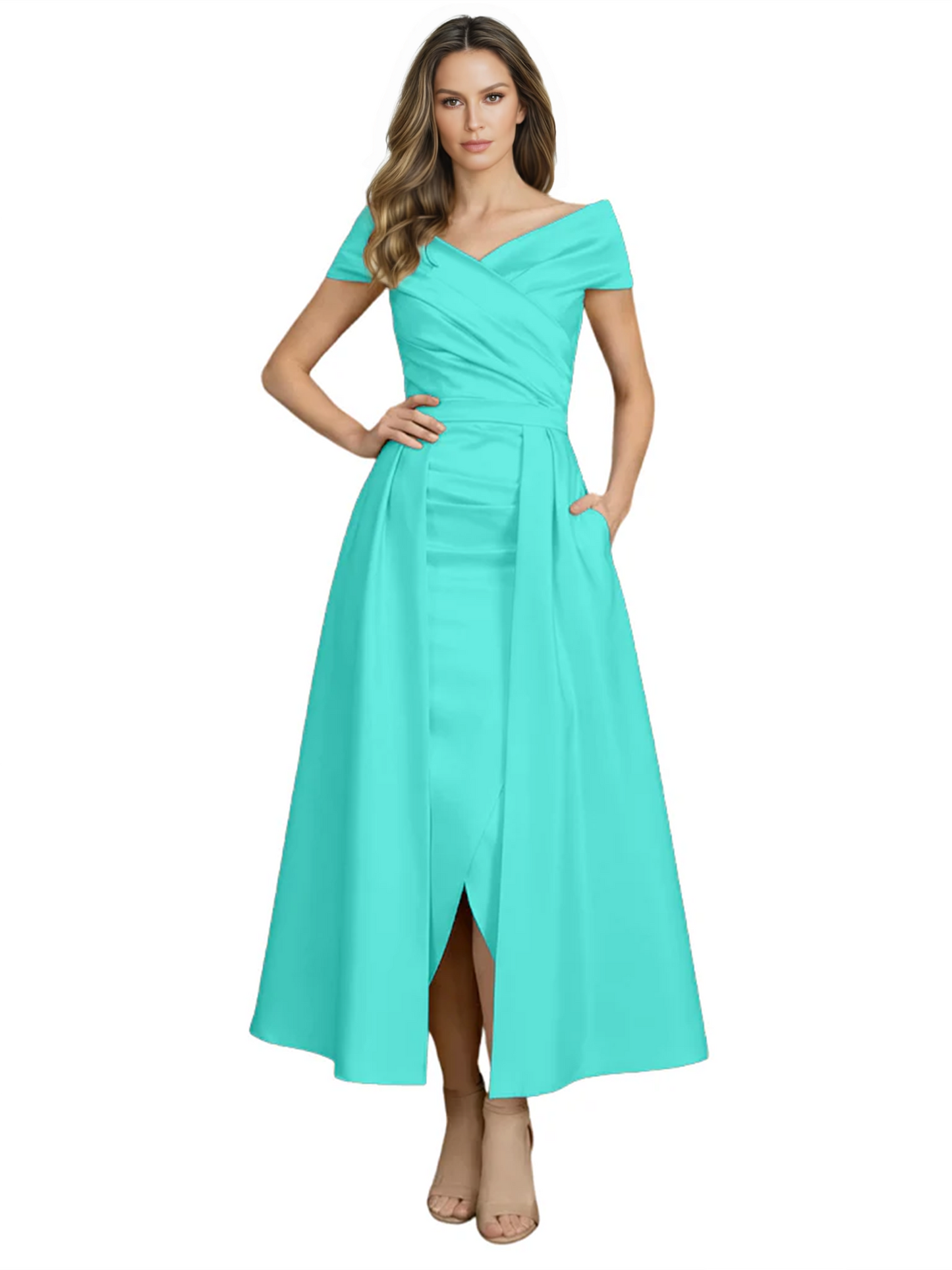 Formal Floor-Length Mother of the Bride Gown Satin Maxi Dress with Slit Off Shoulder