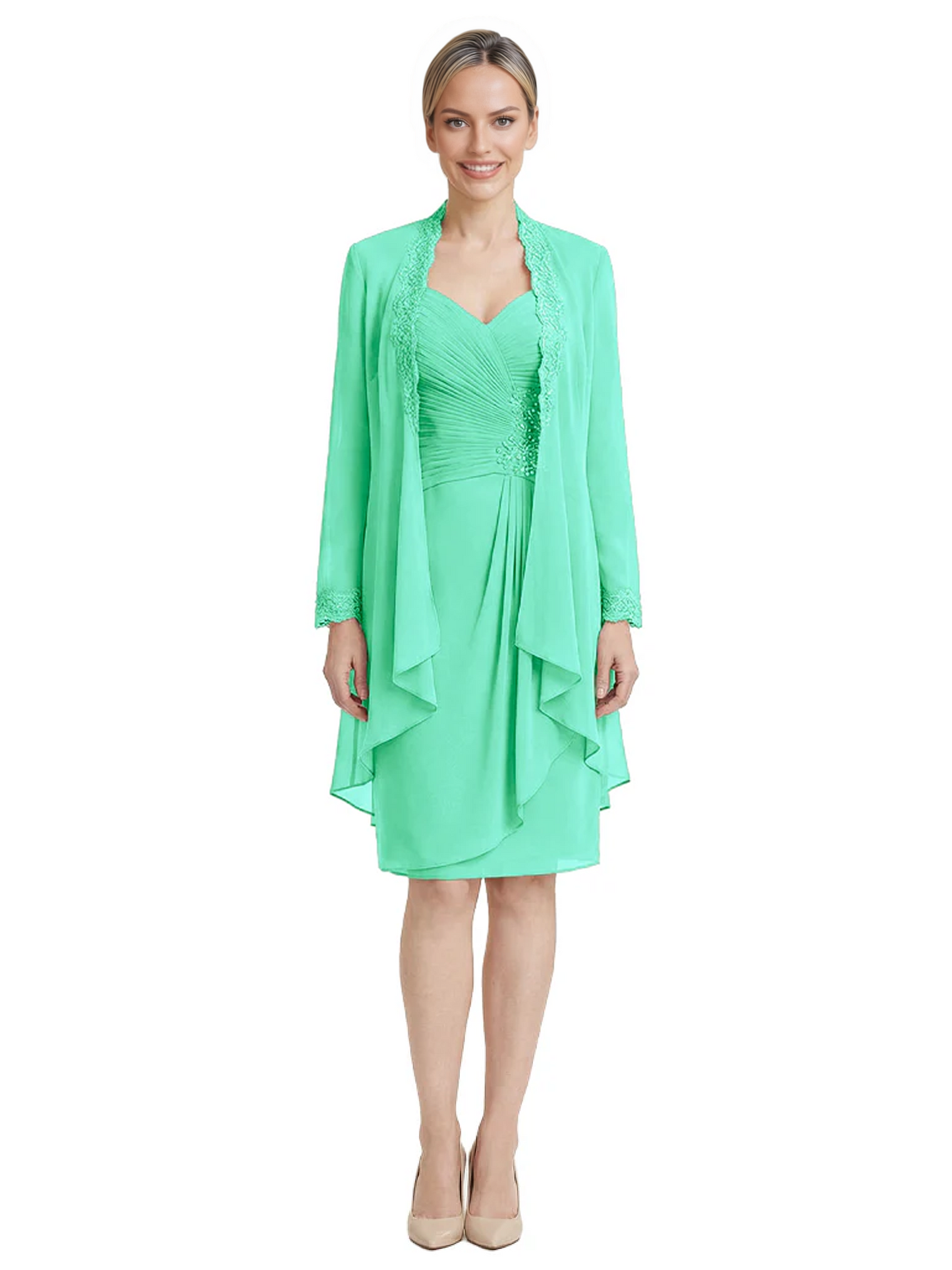2PCS Knee Length Chiffon Mother of the Brides Dresses Short V-Neck