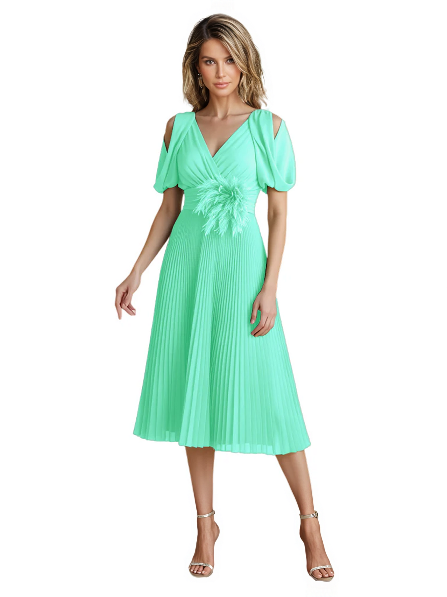 Wedding Formal Dress V-Neck Pleated Chiffon Gown with 3D Flower Accent Knee Length