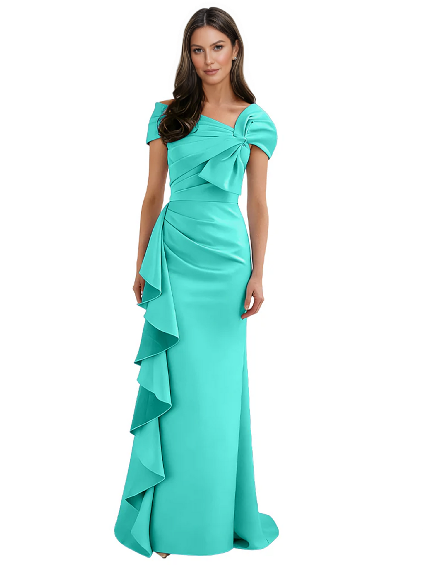 Elegant Mother of Bride Dress Formal Gowns Mermaid Ruffle Floor Length Asymmetric Neckline