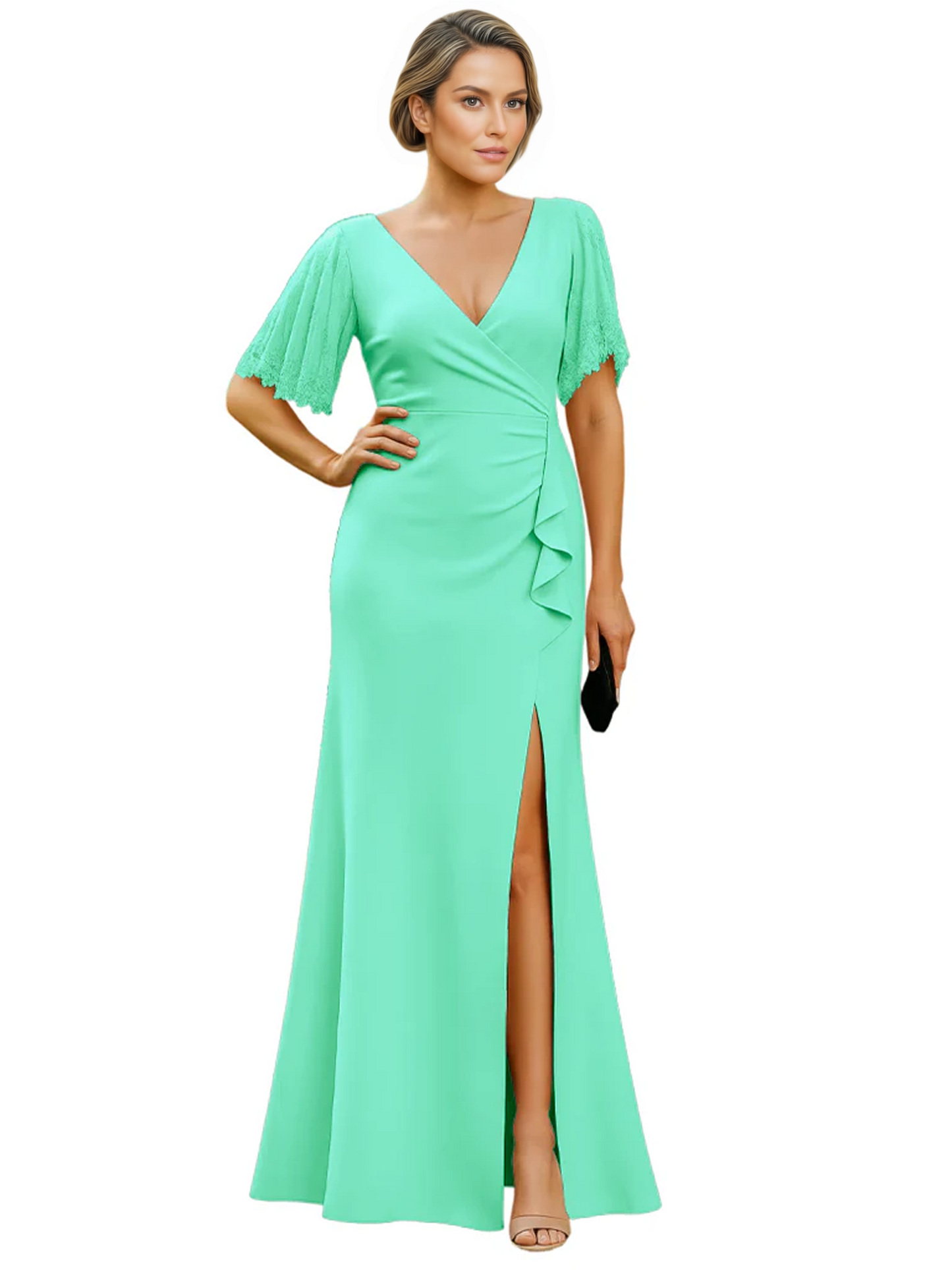 Elegant Evening Gown Trending V-Neck & Ruffle Detail Mother of Bride Outfits Slit