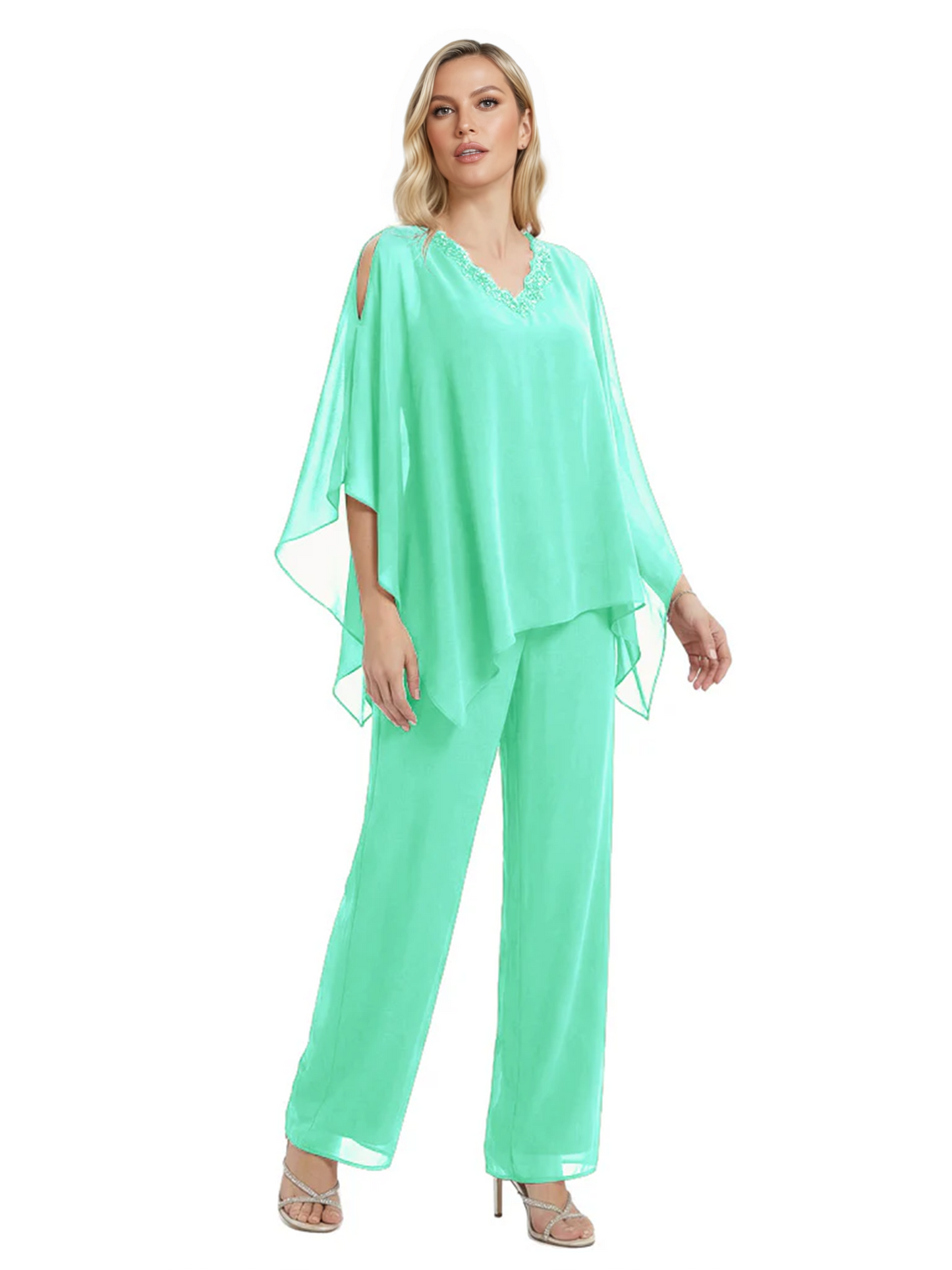 V-Neck Chiffon Mother of the Brides Dresses Plus Size Jacket Suits Wedding
