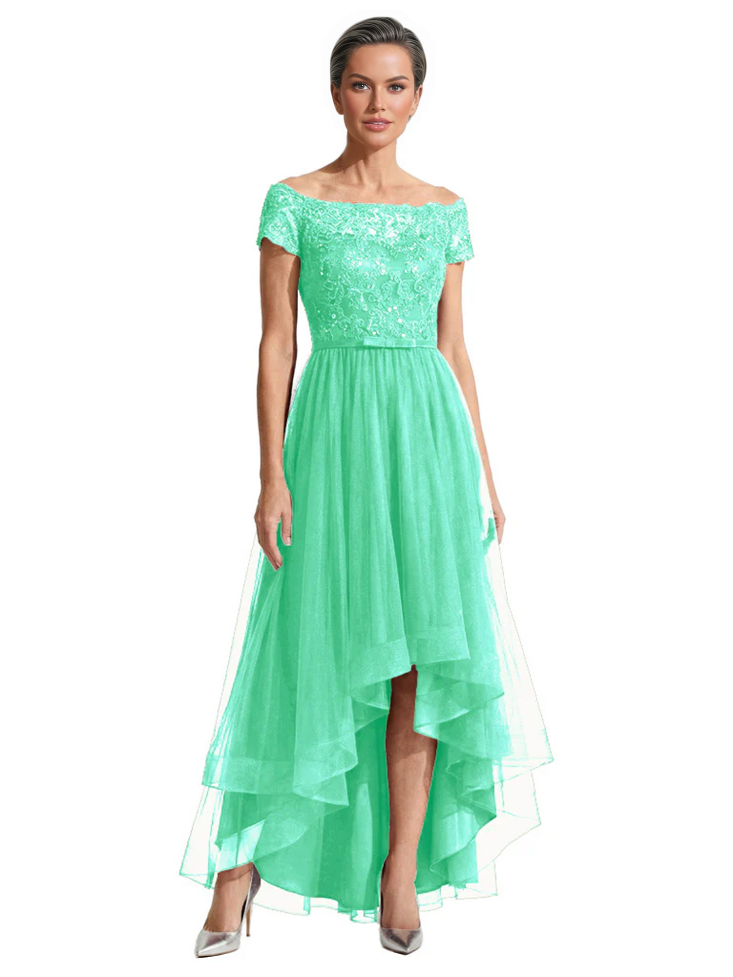 Formal High-Low Mother of the Bride Gown Short Sleeve Lace Maxi Dress with Tiered Skirt