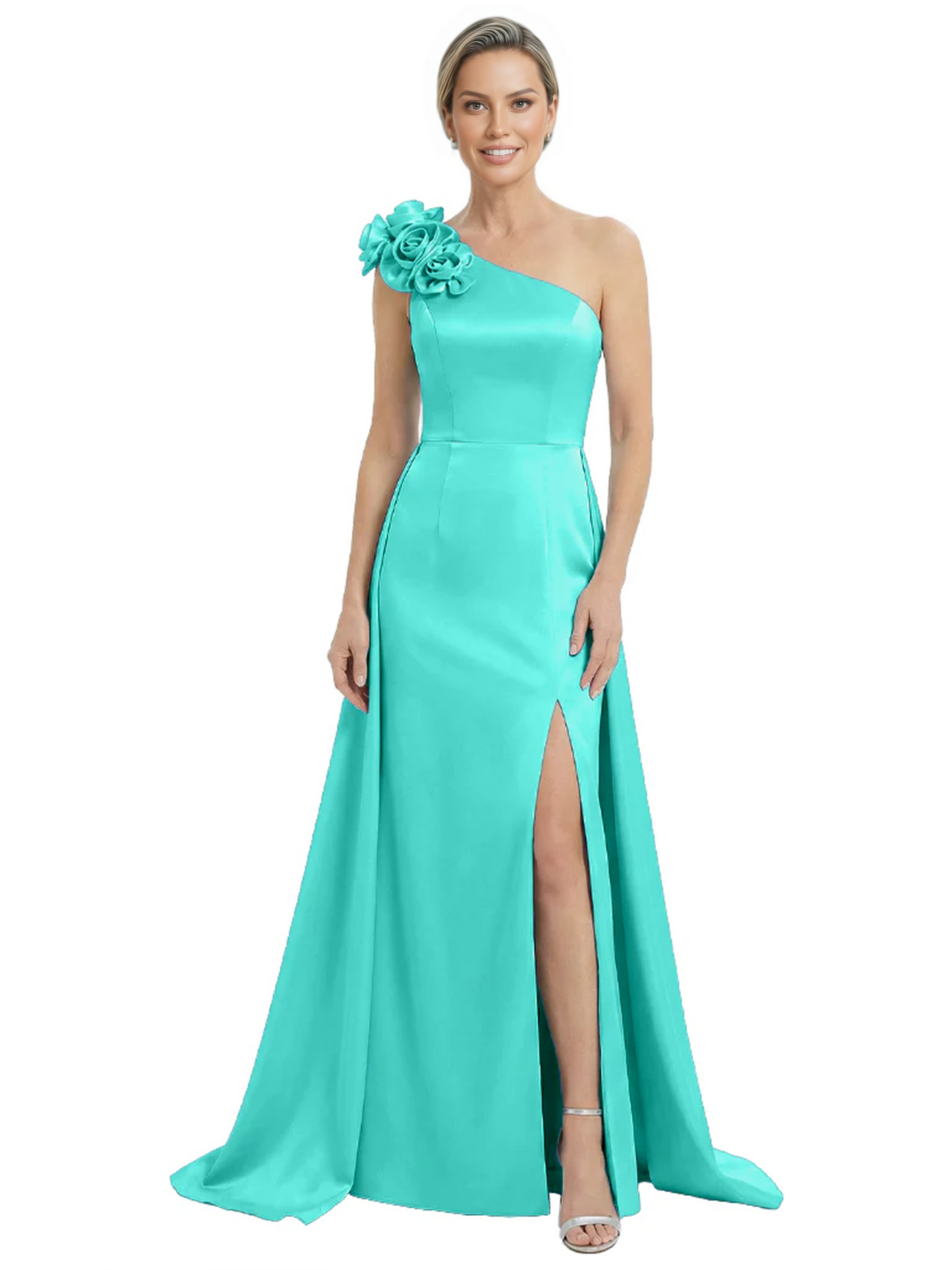 One Shoulder Mother of the Bride Dress with 3D Floral Detail Formal Dress A-Line Gowns with Slit