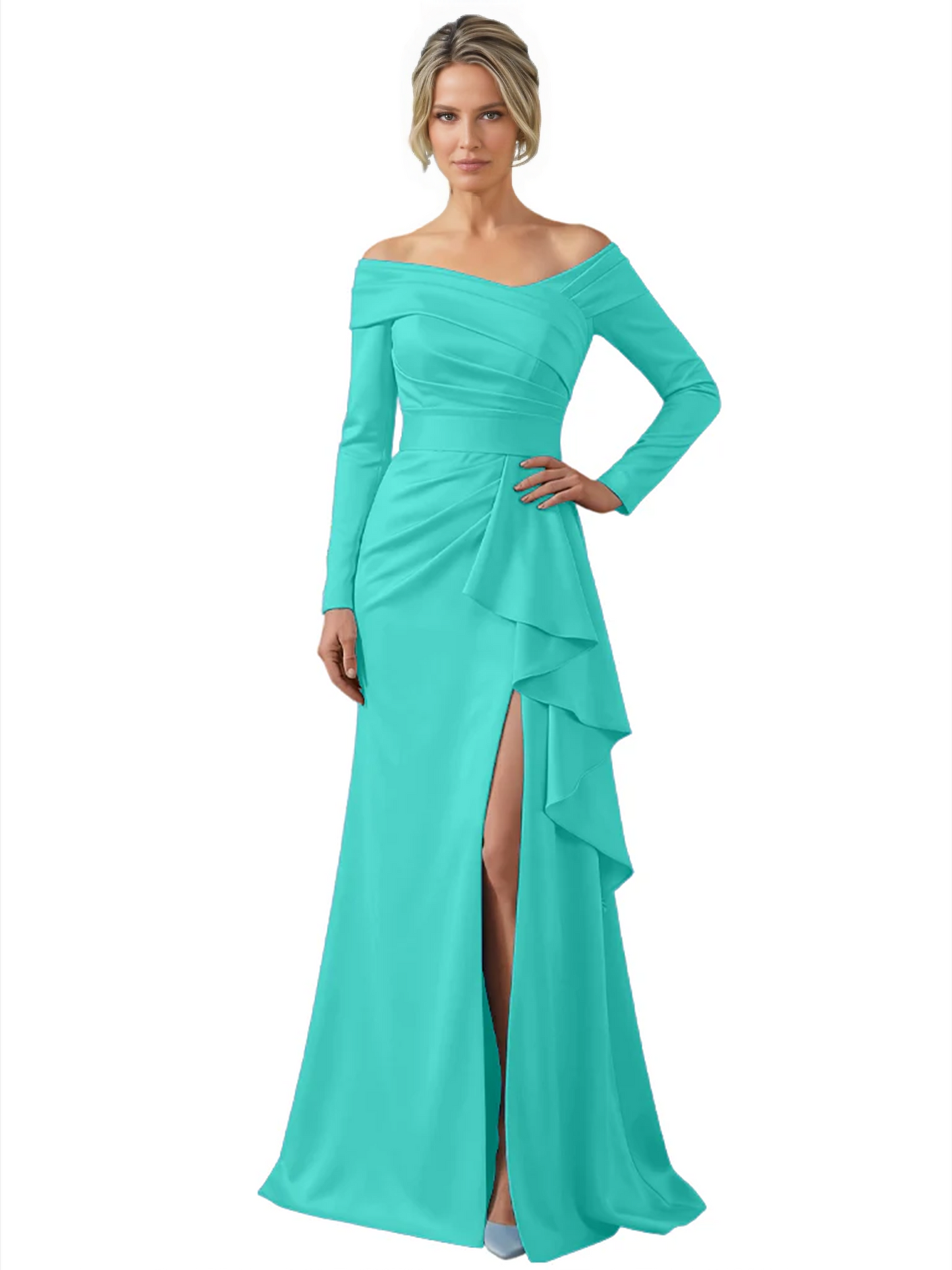 Elegant Mother of the Groom Dress Cascading Ruffle Satin Gown with High Slit Long Sleeves