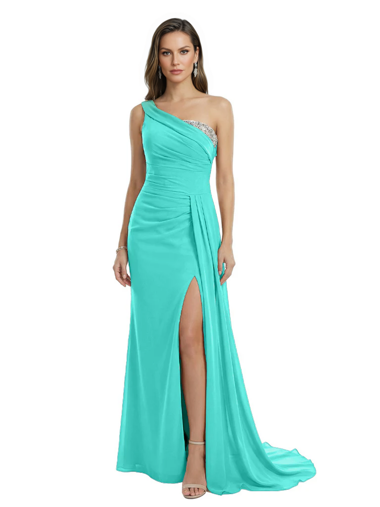 One Shoulder Mother of Bride Dress Ruffle Formal Gowns Mermaid Floor Length Train Slit