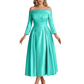 Off Shoulder Mother of the Bride Dress Tea-Length Satin Gown with Lace Applique