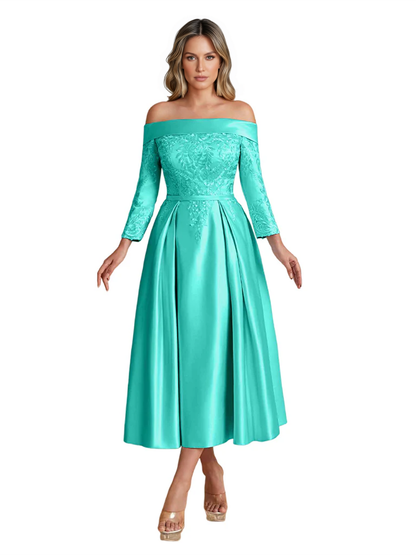 Off Shoulder Mother of the Bride Dress Tea-Length Satin Gown with Lace Applique