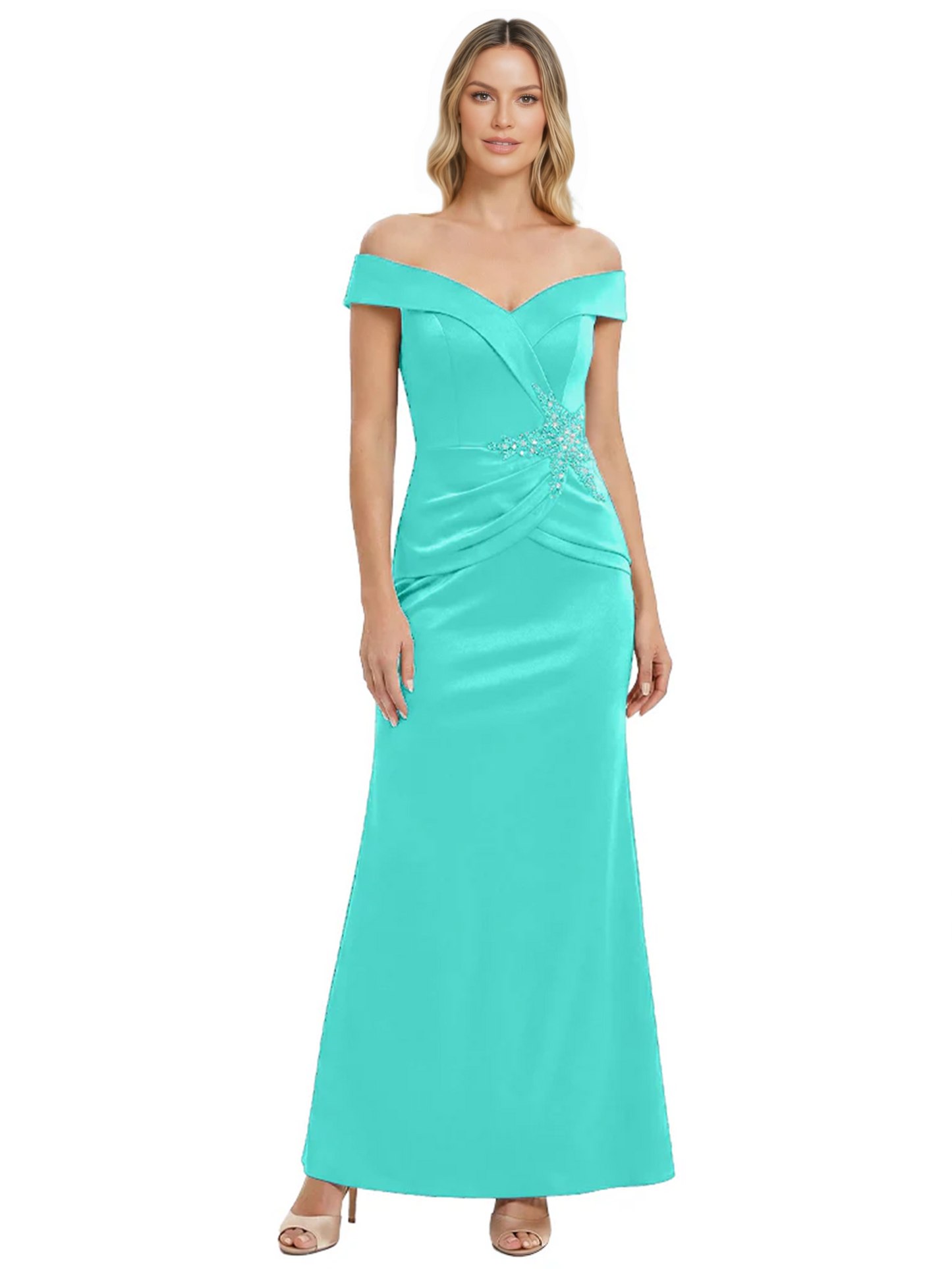 Off Shoulder Mother of the Bride Dress Beaded Waist Satin Gown Portrait Neckline