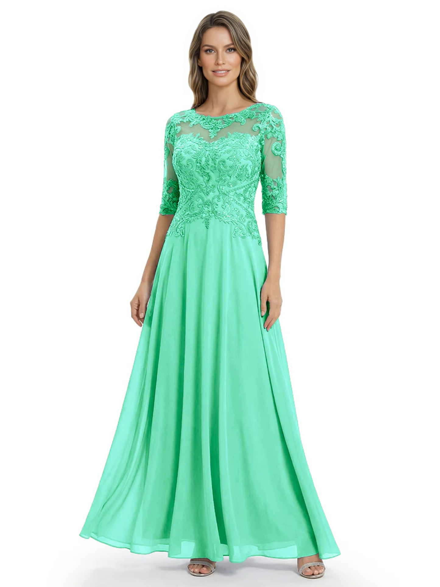 Illusion Neck Mother of the Bride Dress Half Sleeve Lace Applique Gowns Chiffon