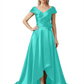 Off Shoulder Mother of the Bride Dress High-Low Satin Gown with Portrait Neckline