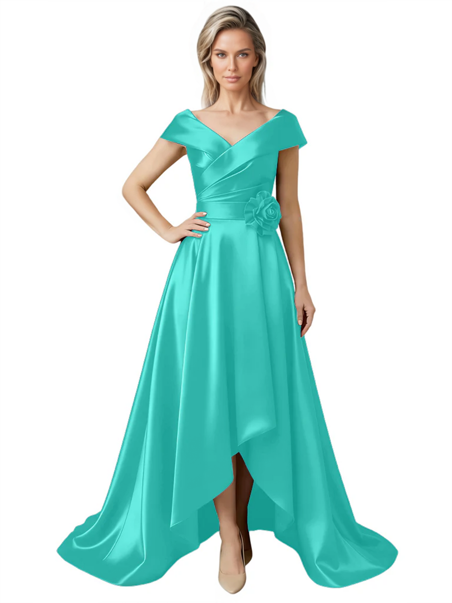 Off Shoulder Mother of the Bride Dress High-Low Satin Gown with Portrait Neckline