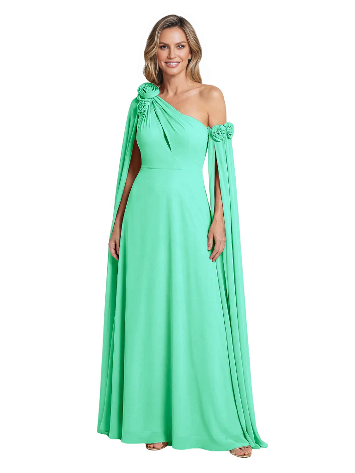 One Shoulder Mother of the Bride Dress Asymmetrical Cape Sleeve Gown with Floral