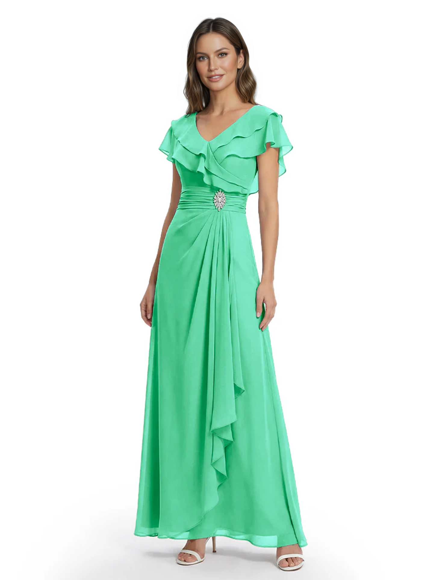 Elegant Mother of the Groom Dress Cascading Ruffle Chiffon Formal Gown Rhinestone