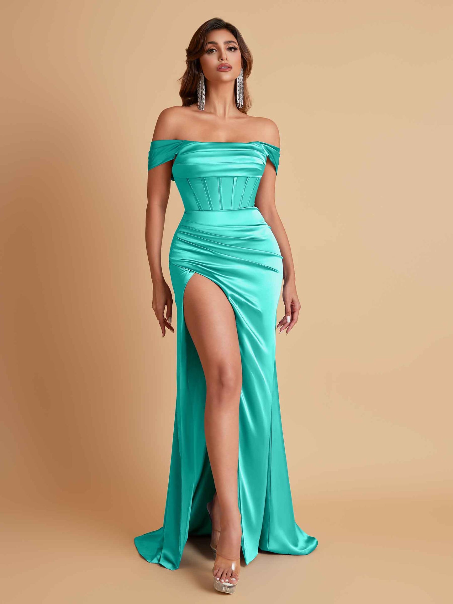 Sexy Off the Shoulder Soft Satin Side Slit Floor-Length Mermaid Bridesmaid Dresses