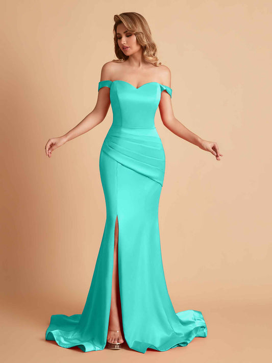 Elegant Satin Off the Shoulder Mermaid Side Slit Floor Length Bridesmaid Dresses