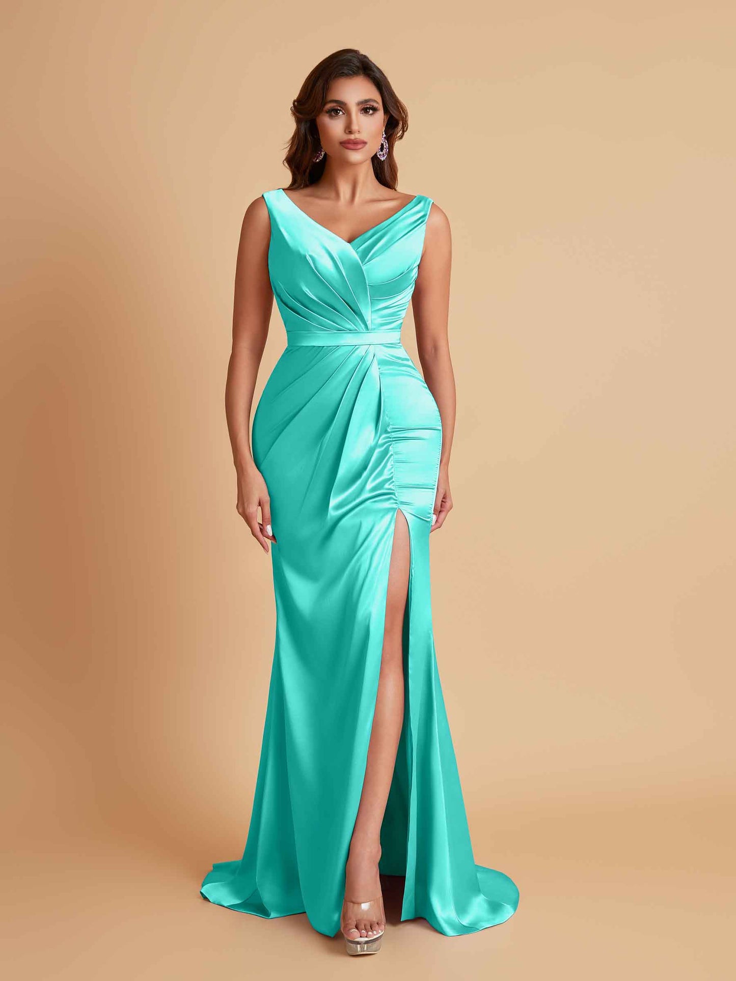 Elegant V Neck Soft Satin Side Slit Floor-Length Mermaid Bridesmaid Dresses