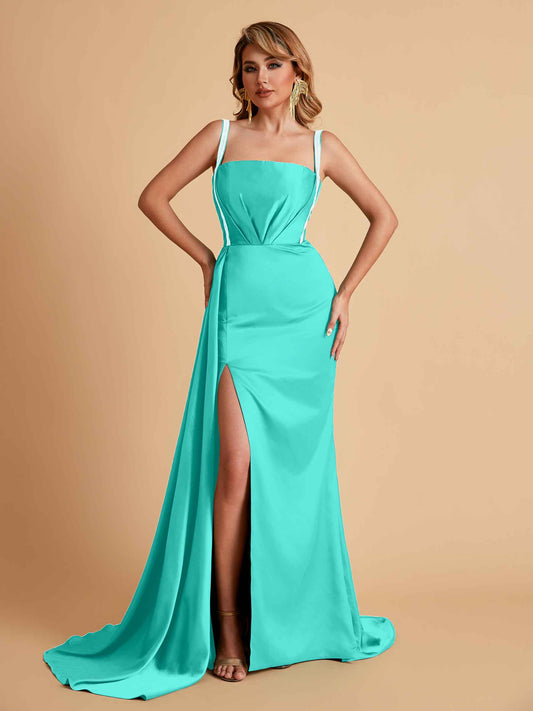 Sexy Satin Mermaid With Train Bridesmaid Dresses Pleats Side-Slit Floor-Length Wedding Guest Dresses