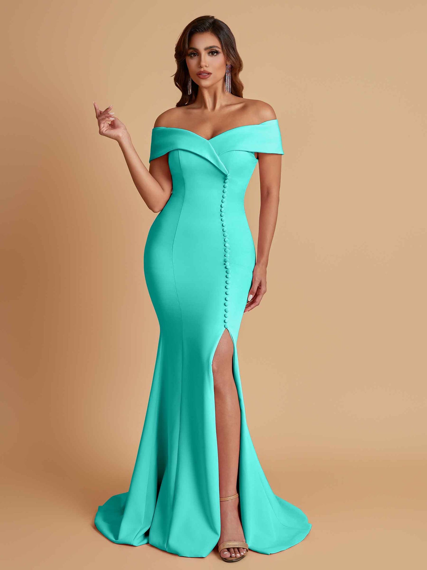 Elegant Soft Satin Mermaid Off Shoulder Side Slit Floor-Length Bridesmaid Dresses