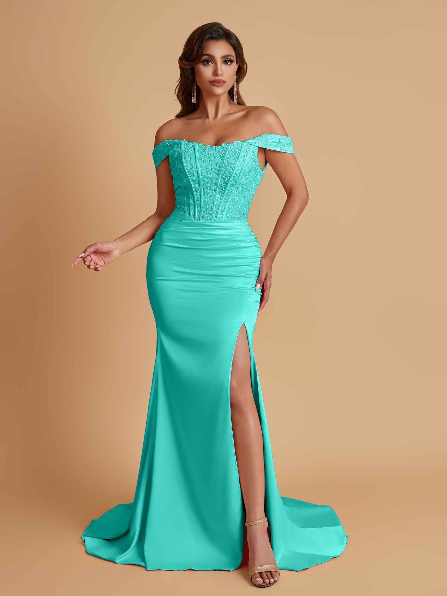 Elegant Soft Satin Mermaid Off Shoulder Side Slit Floor-Length Mermaid Bridesmaid Dresses