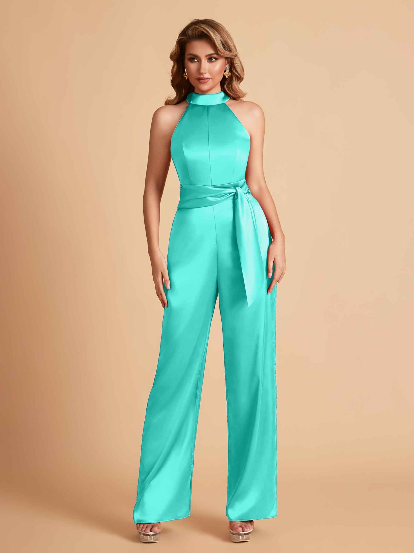 Elegant Satin Halter Sleeveless Satin Floor Length Bridesmaid Jumpsuit