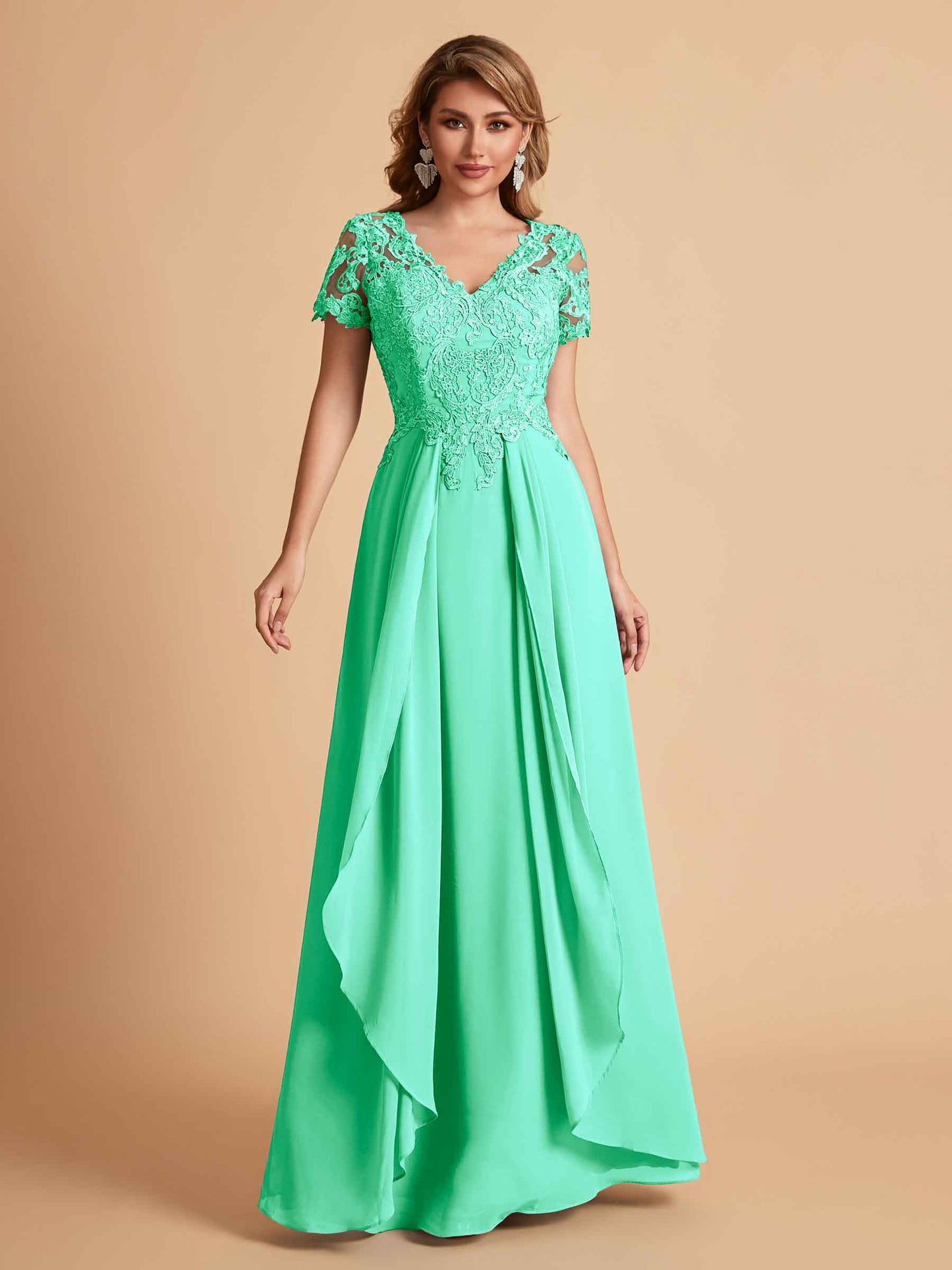 Elegant A-Line Chiffon Short Sleeves V-neck Mother of the Brides Dresses Lace Top MOB Dresses