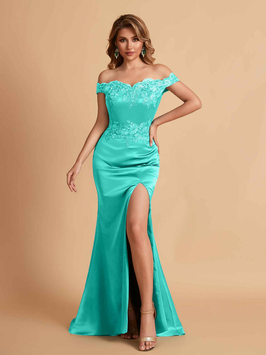 Elegant Satin Off Shoulder Mermaid Side Slit Floor Length Bridesmaid Dresses