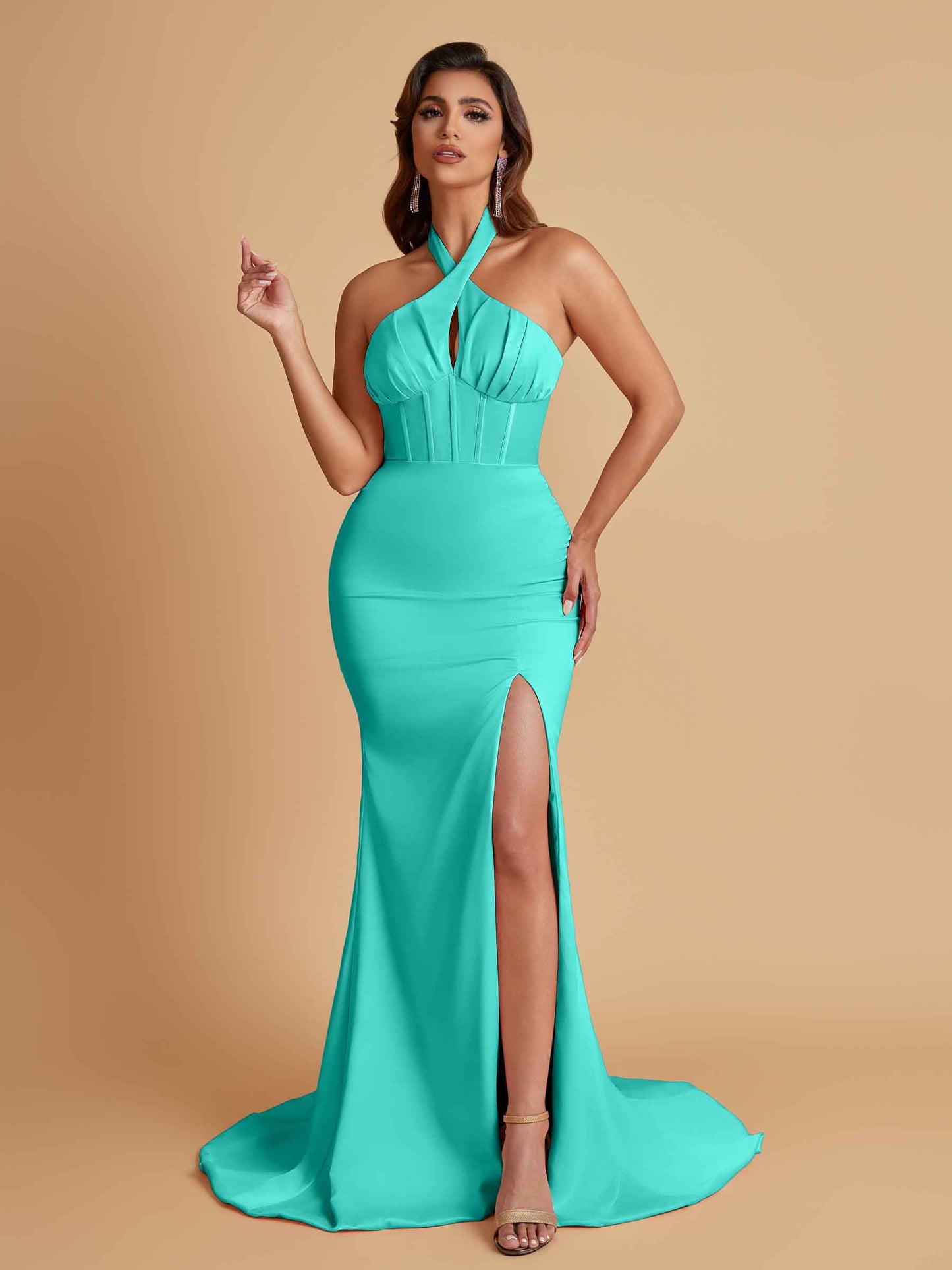 Elegant Soft Satin Mermaid Halter Side Slit Floor-Length Bridesmaid Dresses Online