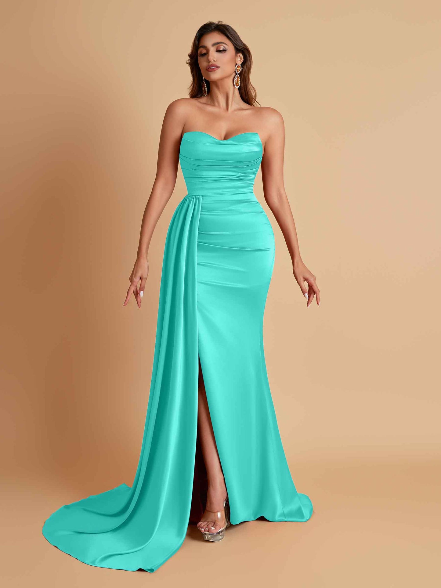 Elegant Soft Satin Sweetheart Strapless Side-Slit Mermaid Bridesmaid Dresses
