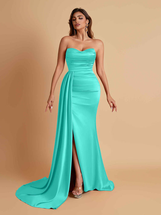 Elegant Soft Satin Sweetheart Strapless Side-Slit Mermaid Bridesmaid Dresses