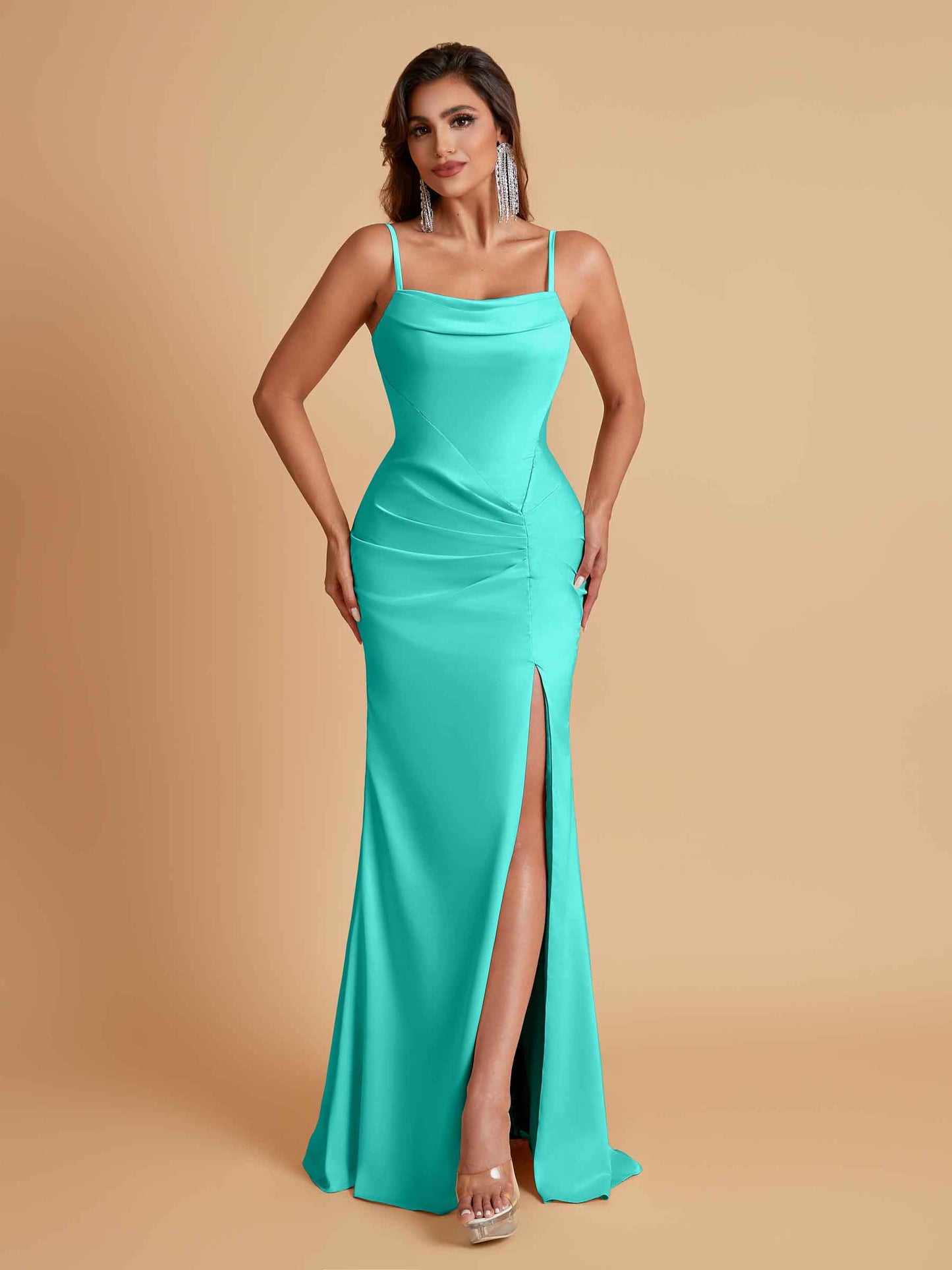 Gorgeous Spaghetti Straps Soft Satin Side Slit Floor-Length Mermaid Bridesmaid Dresses