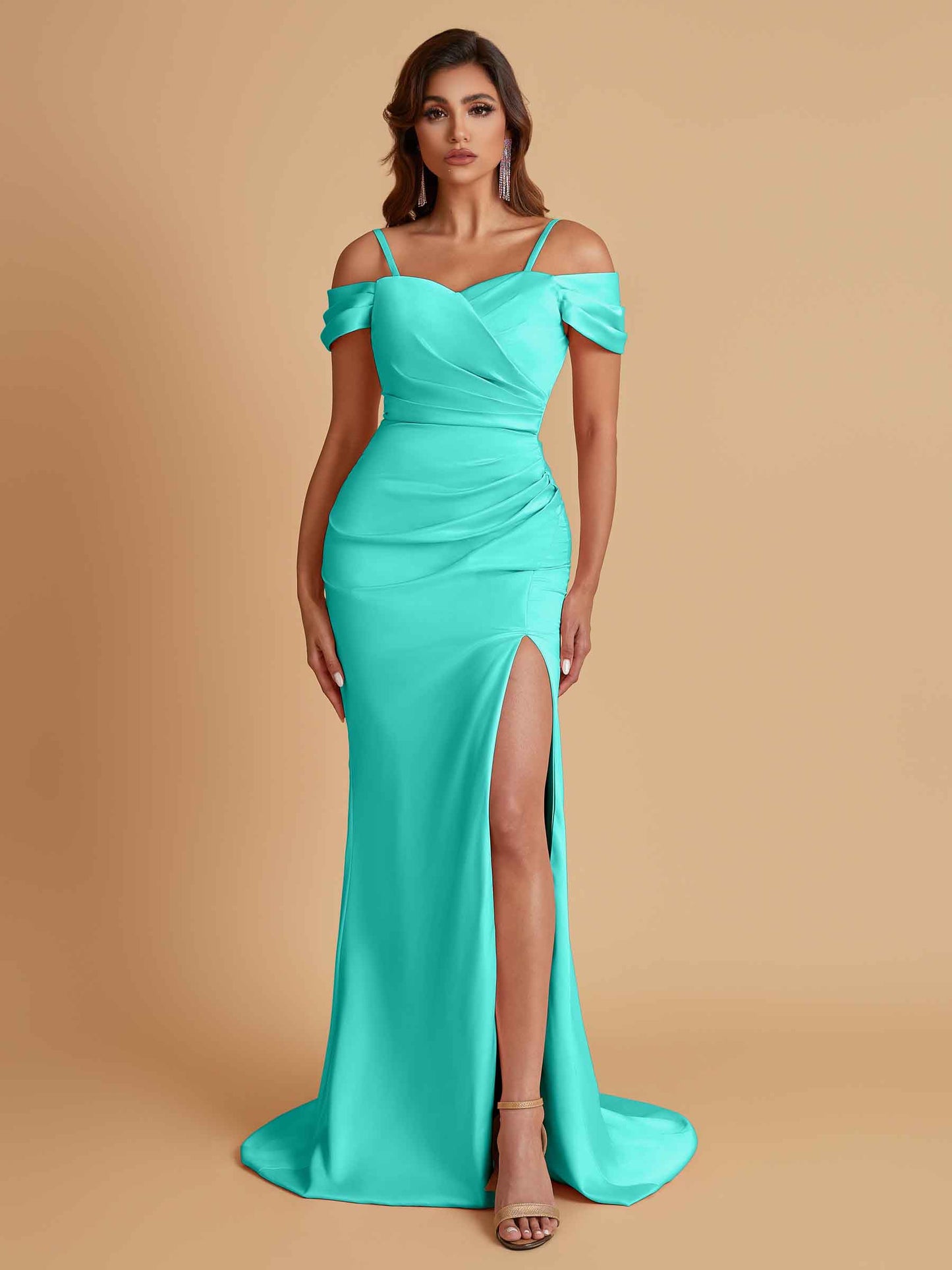 Sexy Soft Satin Mermaid Cold Shoulder Side Slit Floor-Length Bridesmaid Dresses Online