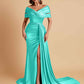 Elegant Soft Satin V-neck Off-the-Shoulder Side-Slit Mermaid Bridesmaid Dresses
