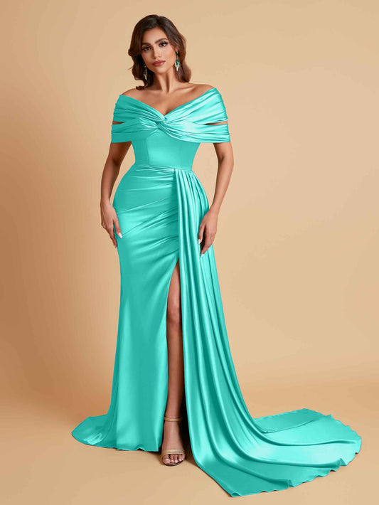 Elegant Soft Satin V-neck Off-the-Shoulder Side-Slit Mermaid Bridesmaid Dresses